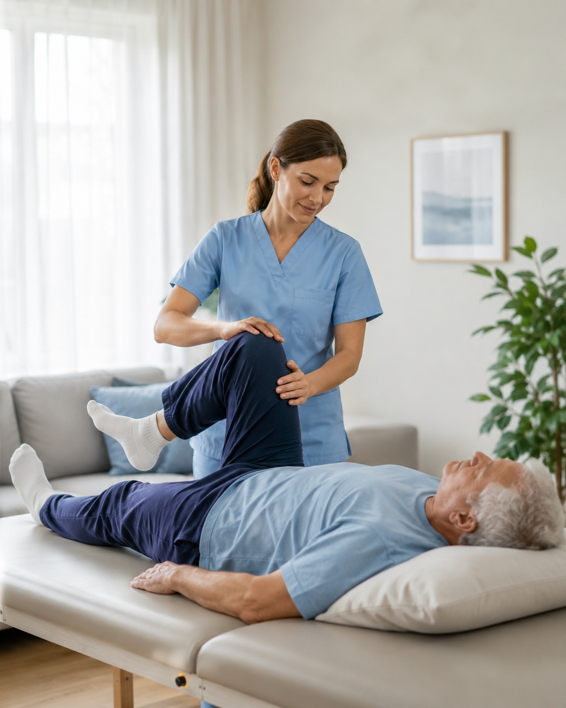 Kinésithérapeute accompagnant une patiente senior à domicile en Belgique