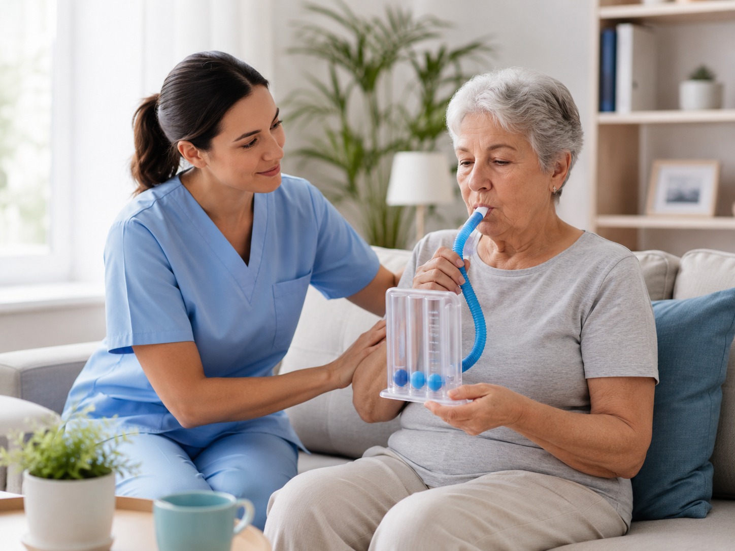 Kinésithérapeute réalisant une séance de kinésithérapie respiratoire au domicile du patient