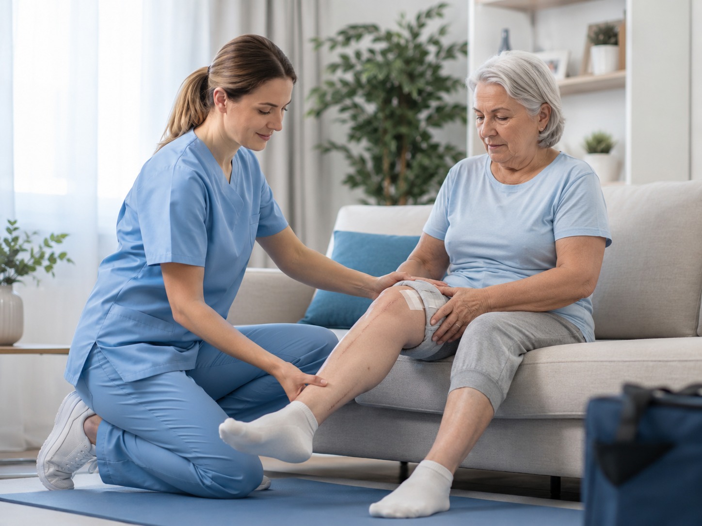 Kinésithérapeute réalisant une séance de rééducation post-opératoire au domicile du patient