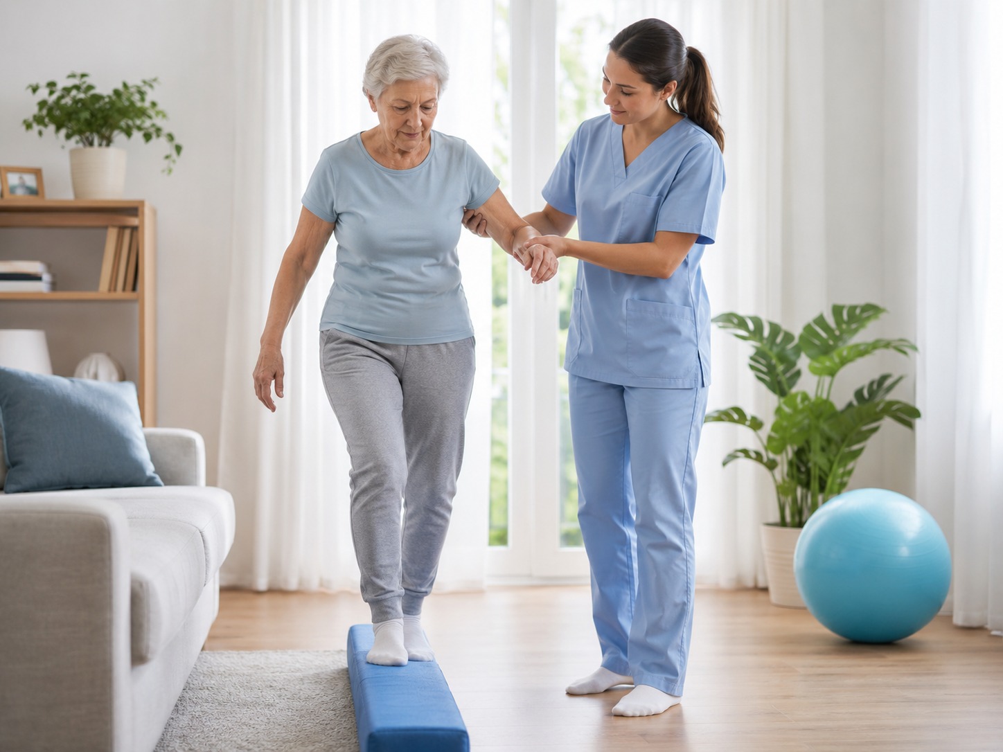 Kinésithérapeute réalisant une séance de rééducation marche et équilibre au domicile du patient